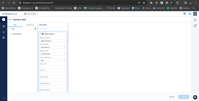 Creation of a Task Group with the "Open Camera" task.